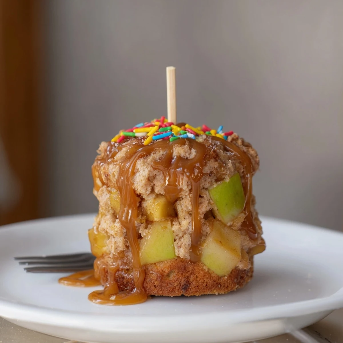 Festive bite-sized Caramel Apple Cinnamon Birthday Biscuit Muffin Pops with colorful sprinkles.  