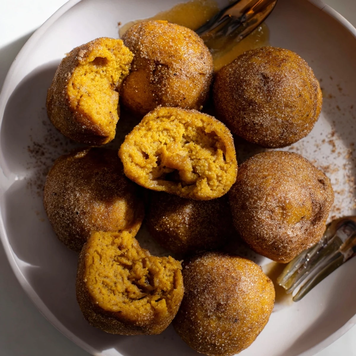 Deliciously spiced pumpkin pancake balls, oozing with caramel and fragrant chai spices.