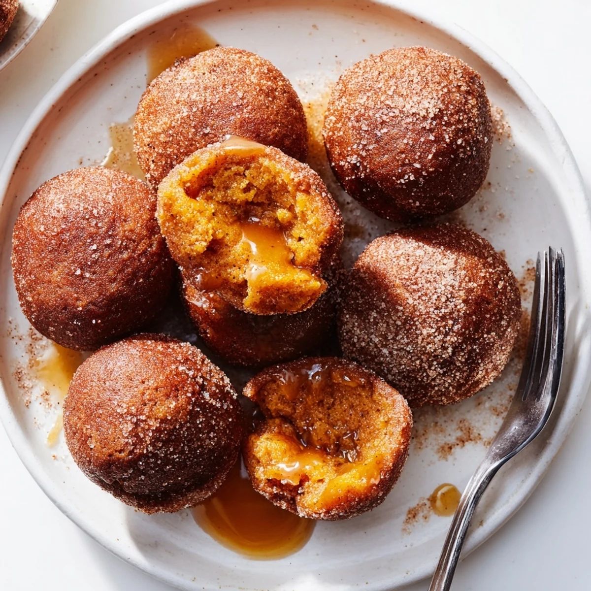 Soft chai caramel pumpkin pancake muffin balls, warm and drizzled with cinnamon sugar glaze.