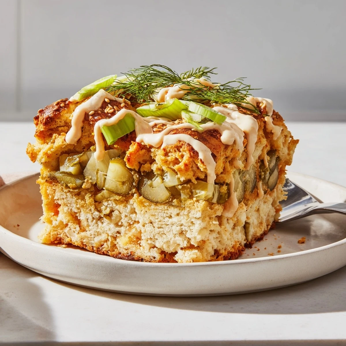 Savory Dill Pickle Buffalo Ranch Flaky Pretzel Biscuit Bars drizzled with creamy sauce.