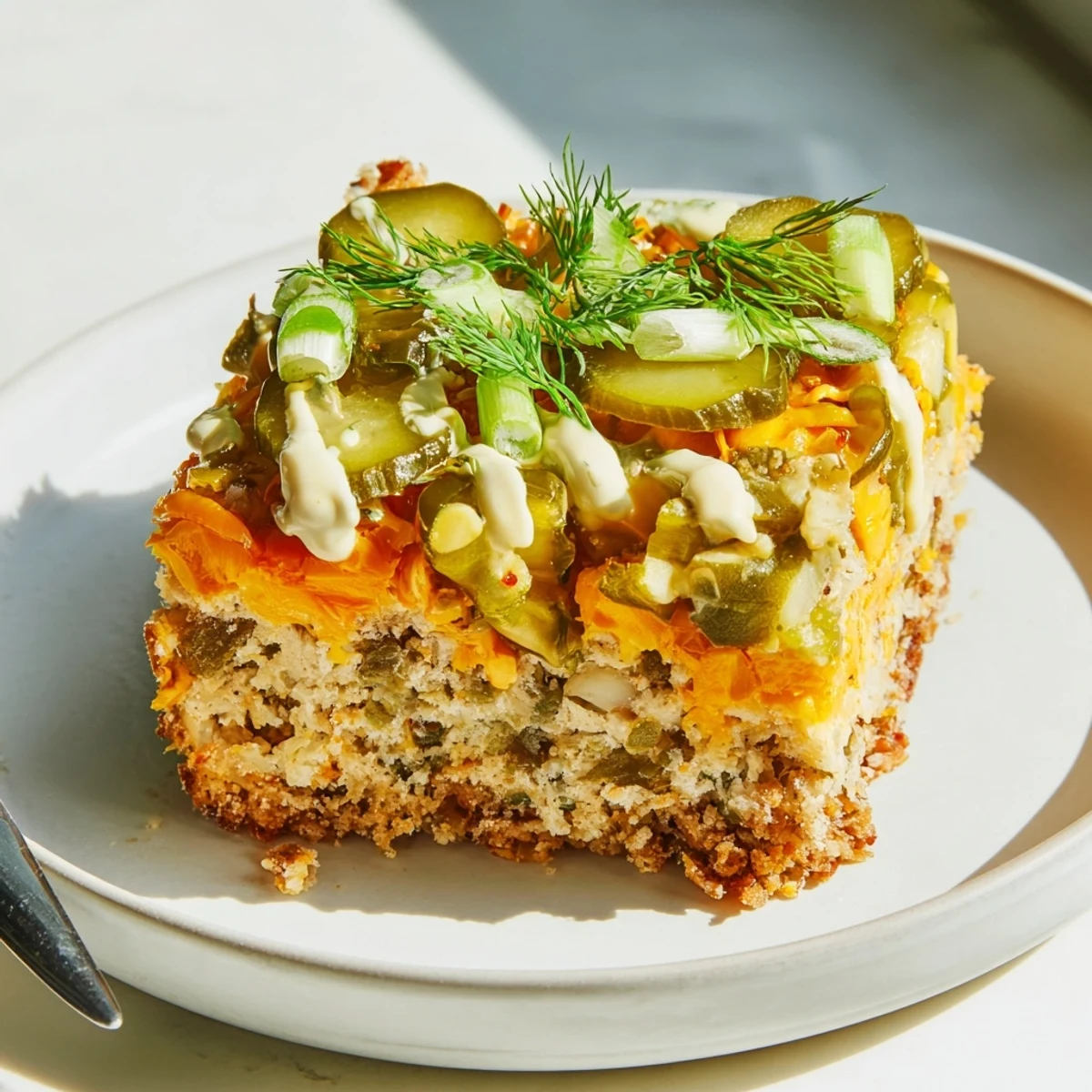 Warm, flaky biscuit bars with tangy dill pickles and spicy buffalo ranch drizzle.