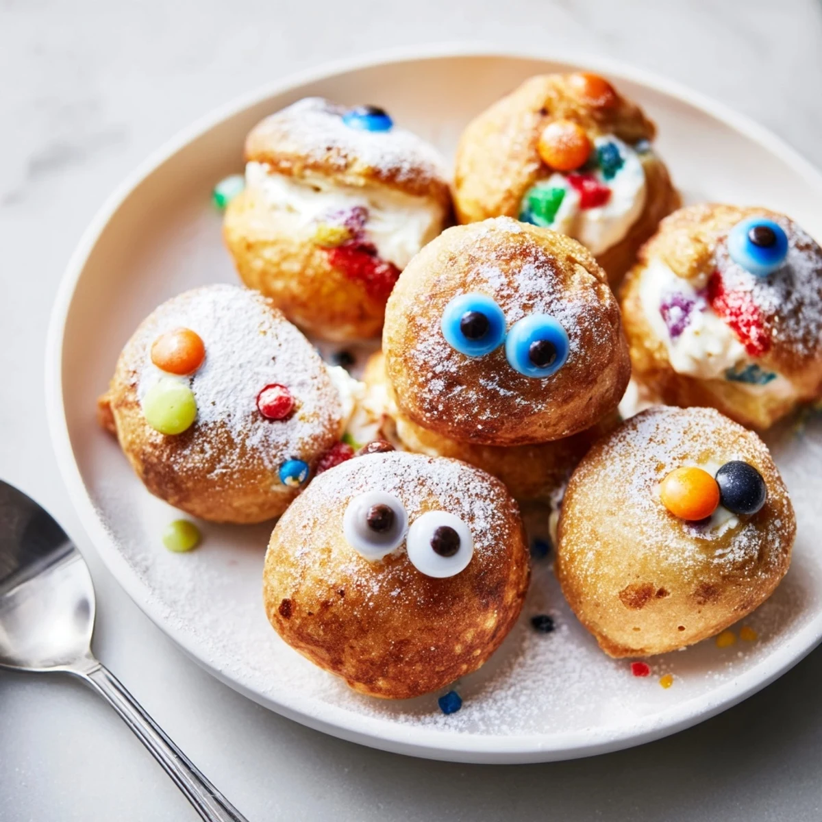 Fluffy cream cheese monster cake pancake balls topped with colorful candy eyes and sprinkles.