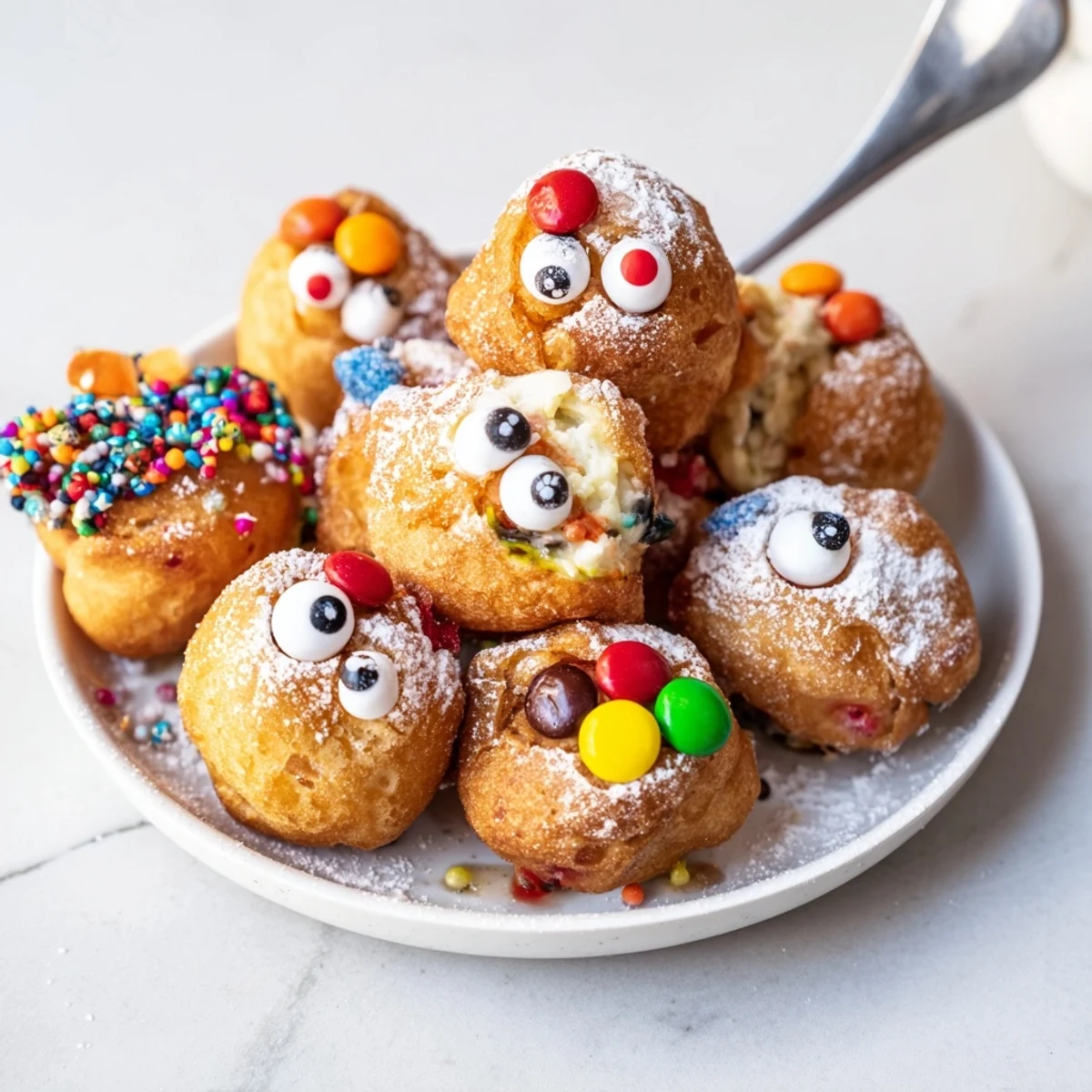 Deliciously vibrant cream cheese monster cake pancake balls perfect for a fun breakfast treat.