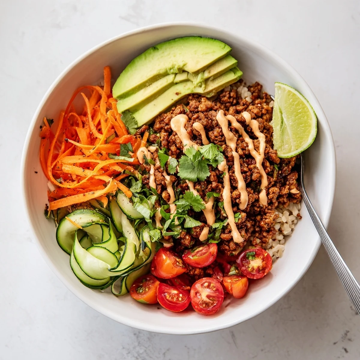 A colorful plant-based meat bowl topped with fresh vegetables and zesty lime.  