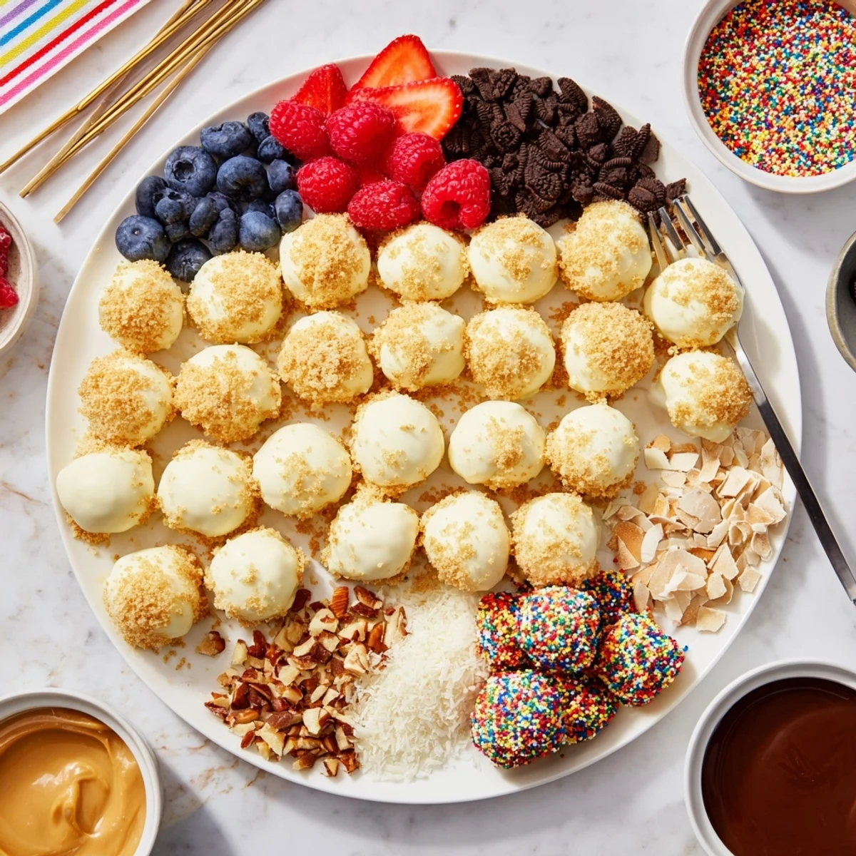 Deconstructed Dessert Board featuring cheesecake bites and vibrant toppings for a festive gathering.  