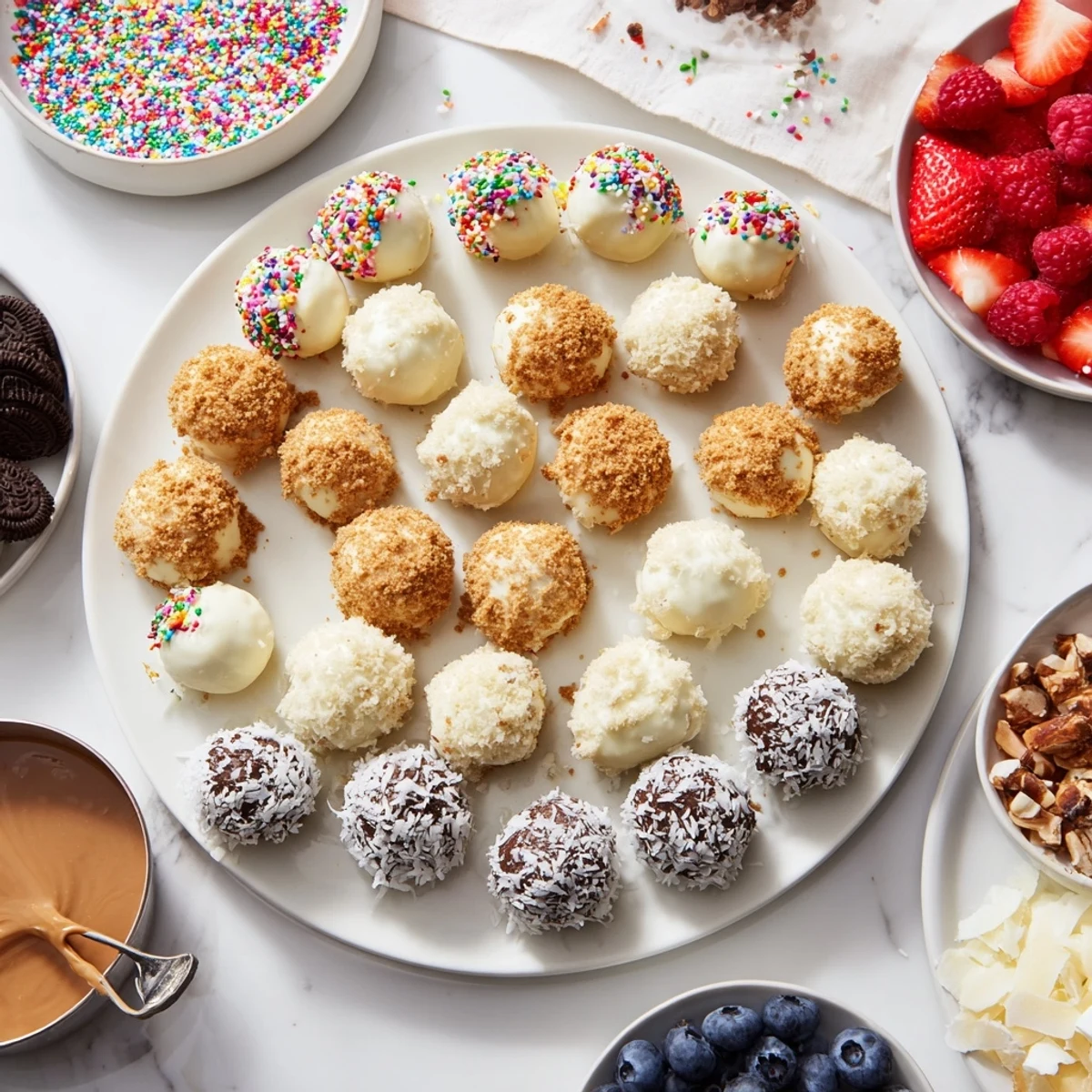 Colorful dessert board with cheesecake bites and fresh fruit, perfect for sharing and celebrating.