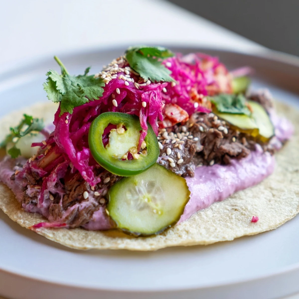 Vibrant Global Street-Food Fusion Tacos topped with colorful veggies and creamy ube crema.  