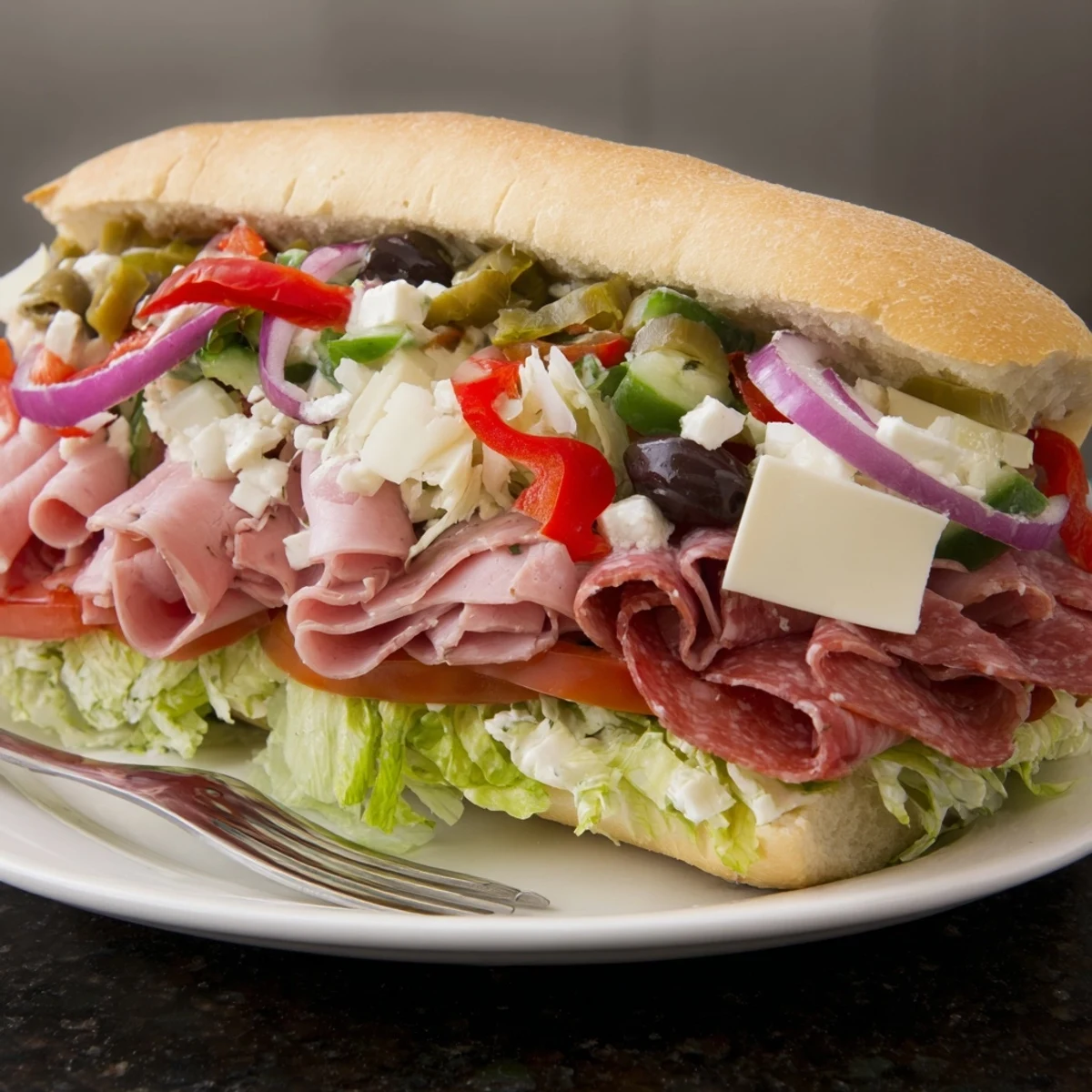 Vibrant Flavor Mash-Up Sandwiches loaded with meats, cheeses, and fresh vegetables.