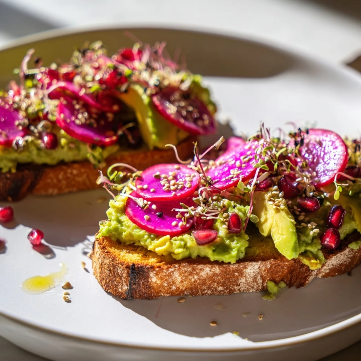 Vibrant Bright & Bold Breakfast Toasts topped with ube halaya and fresh veggies.  