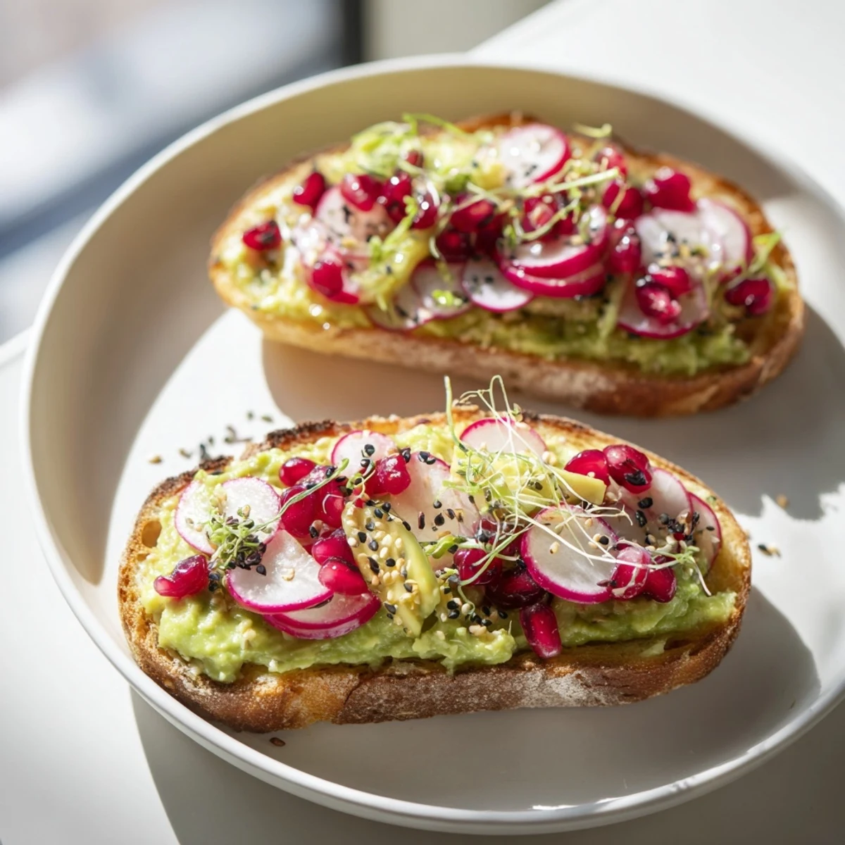 Colorful breakfast toasts showcasing creamy avocado, ube spread, and crunchy radishes.  