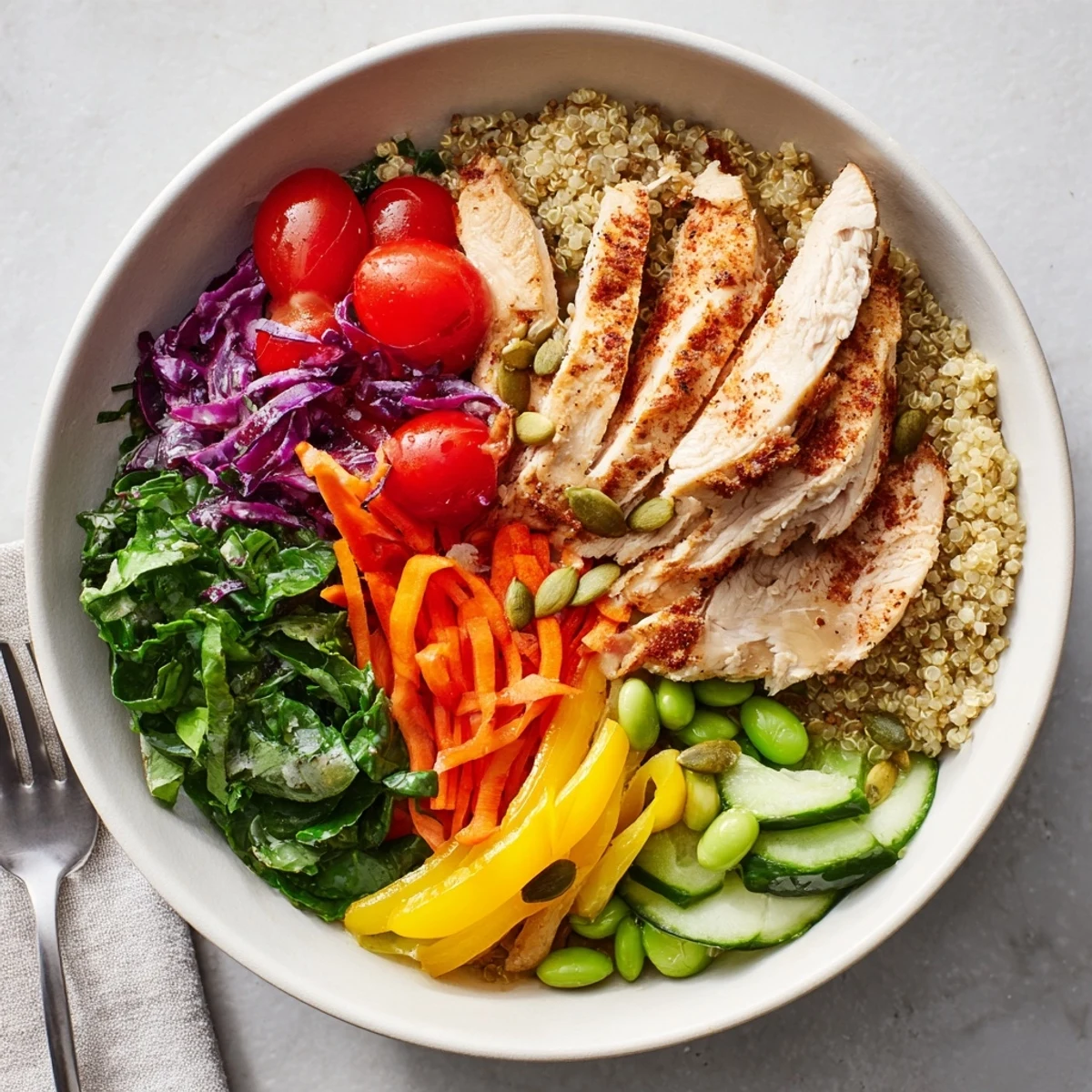 Colorful Healthy Meal-Prep Bowls filled with quinoa, chicken, and fresh veggies.  