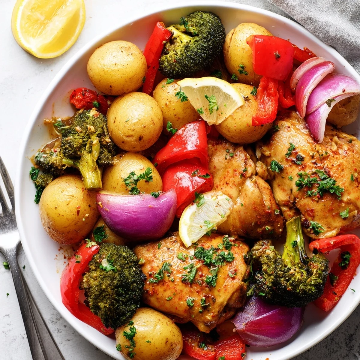 Delicious Lazy Gourmet Chicken & Vegetable One-Pot served with vibrant lemon wedges.  