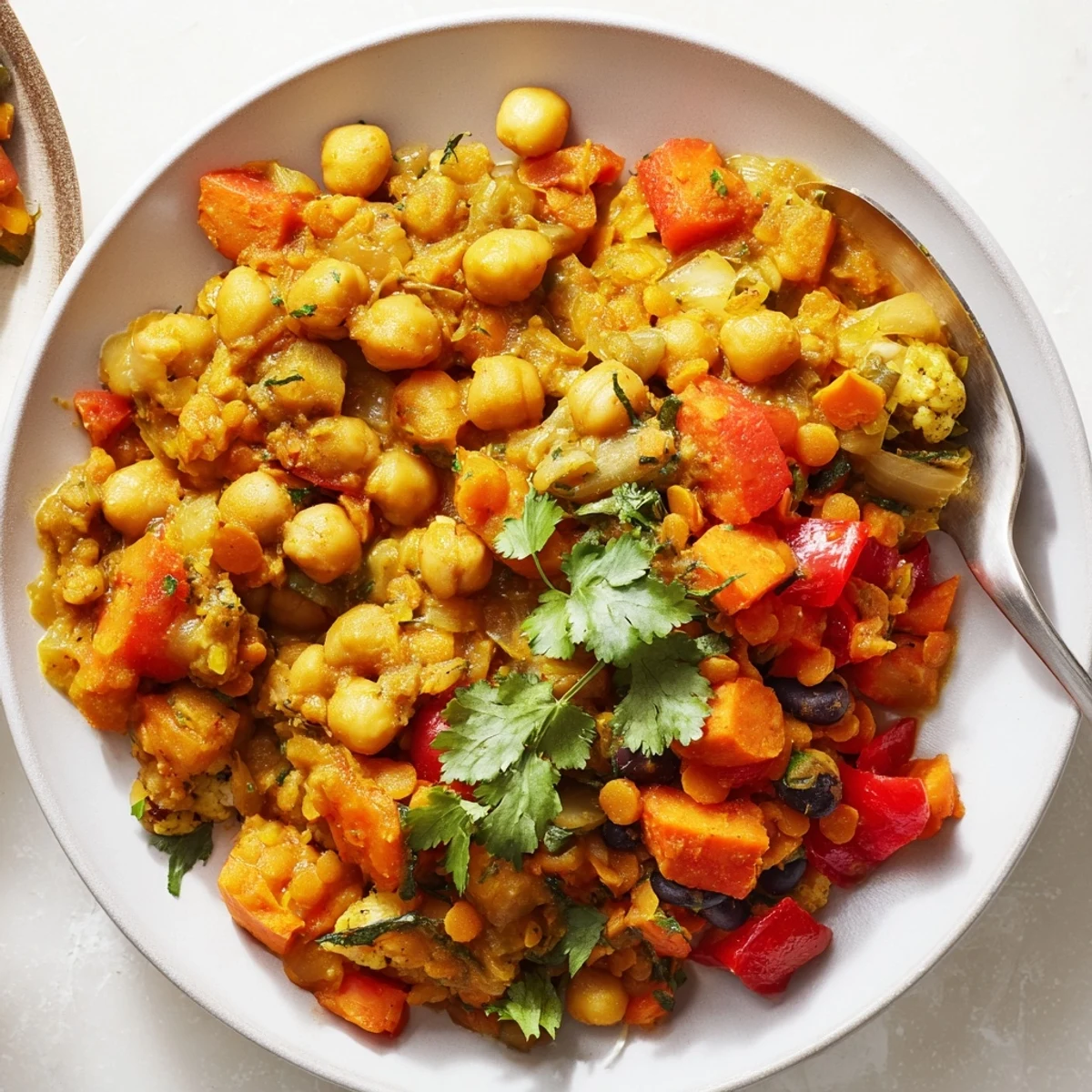 Colorful Indian Chickpea Curry simmering in a skillet, with fresh cilantro garnish.  