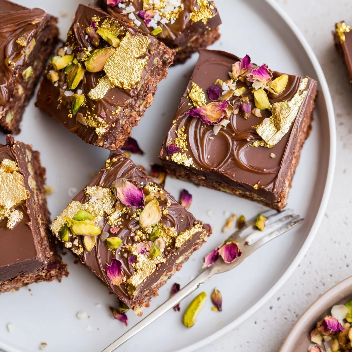 Deliciously rich chocolate bar inspired creations featuring spiced date caramel and pistachios.  
