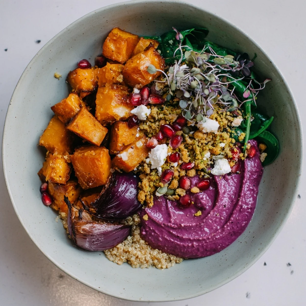 Cozy Spiced Winter Bowls filled with vibrant roasted veggies and delicious toppings.  