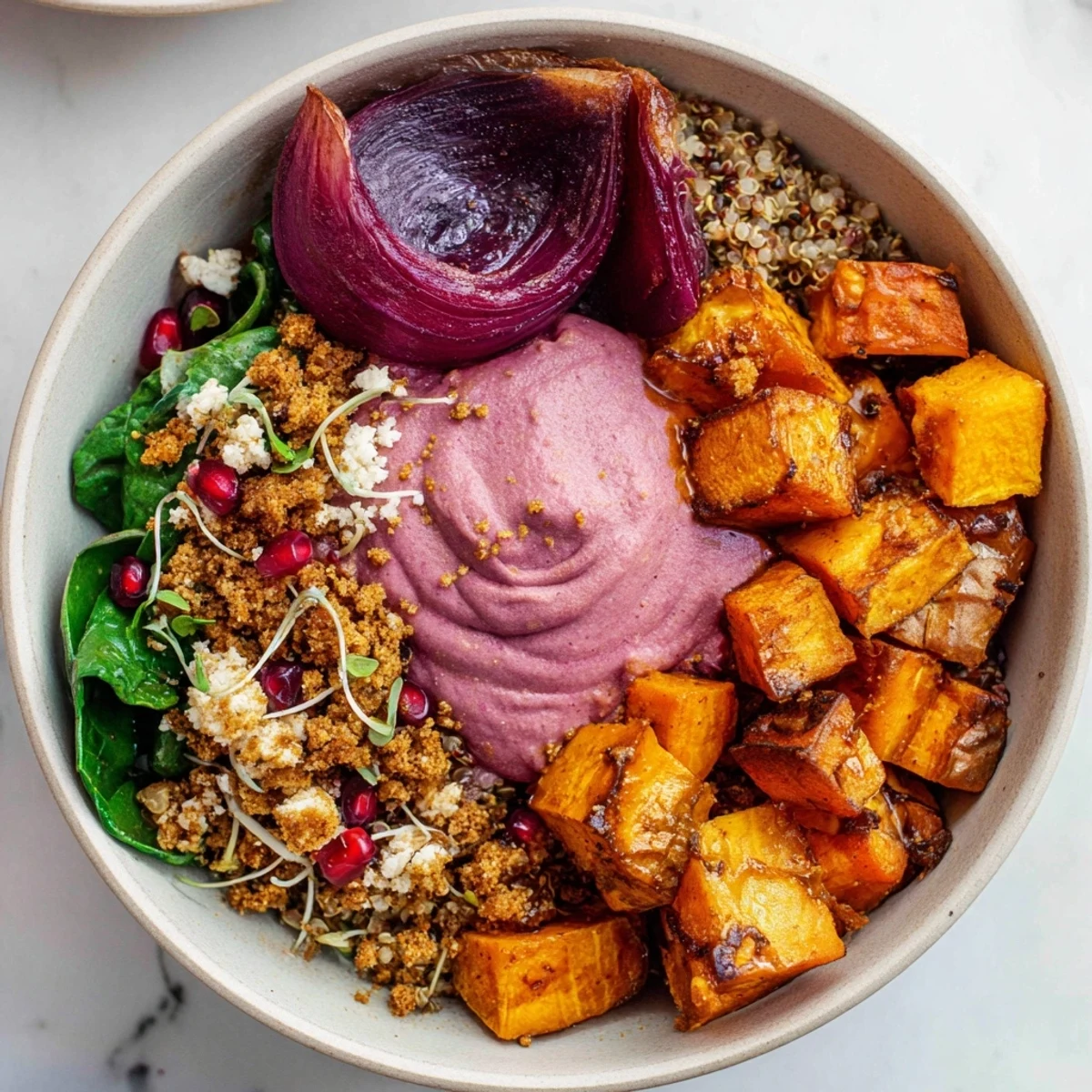 Warm Spiced Winter Bowls topped with crunchy pistachio-maple and fresh pomegranate seeds.