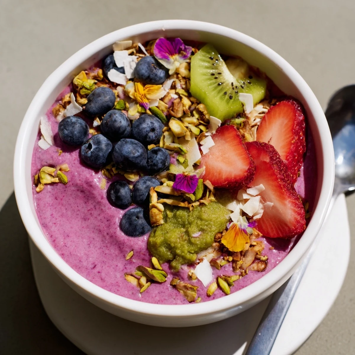Vibrant Smoothie Bowls with Unexpected Twists topped with fresh fruits and crunchy granola.  