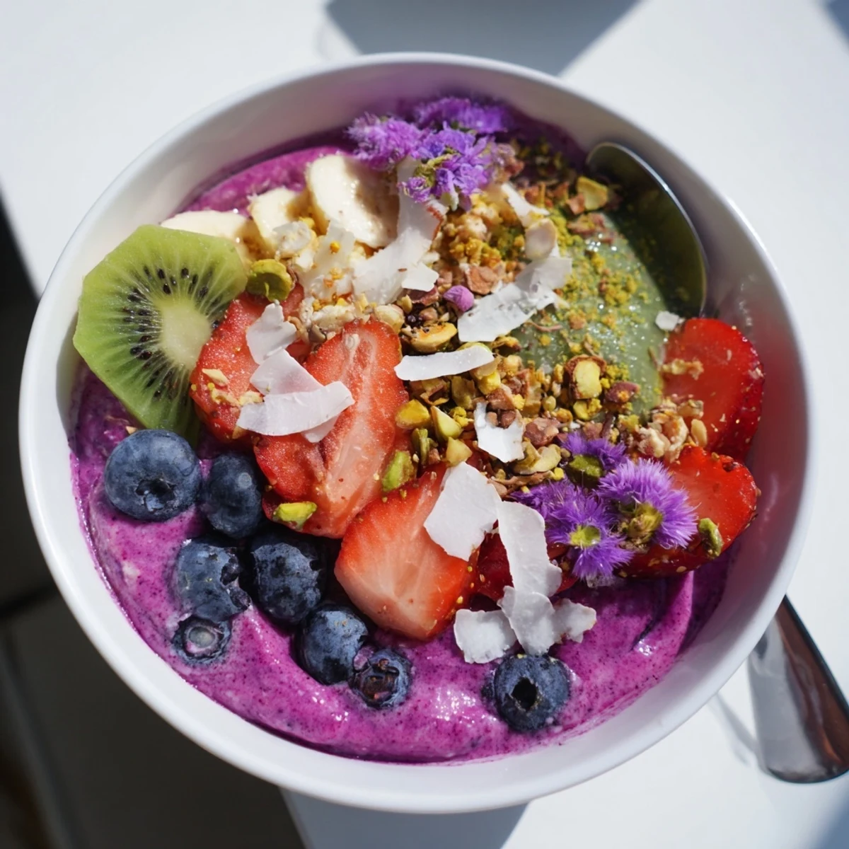 Colorful Vibrant Smoothie Bowls with Unexpected Twists, featuring kiwi and edible flowers.  