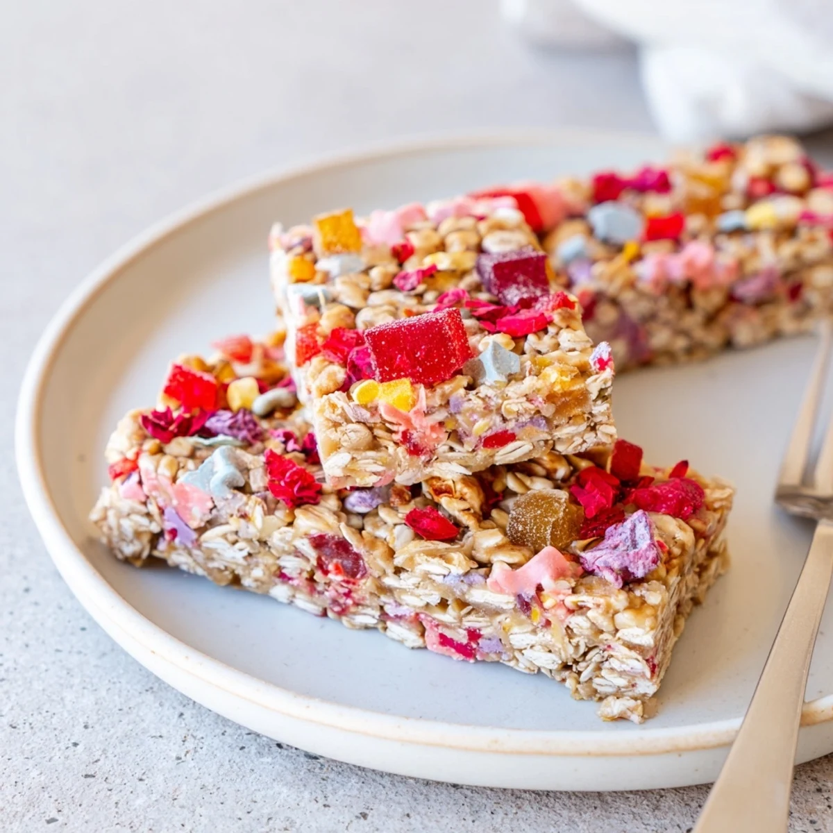 Perfectly layered DIY snack bars featuring oats, fruity gummies, and crunchy candy toppings.