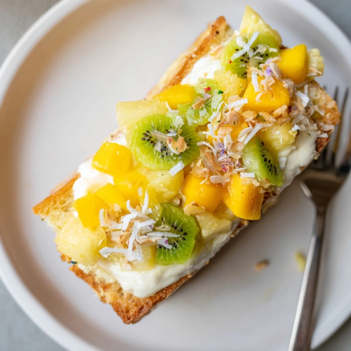 Vibrant yogurt-custard toast topped with tropical fruits for a refreshing brunch.  