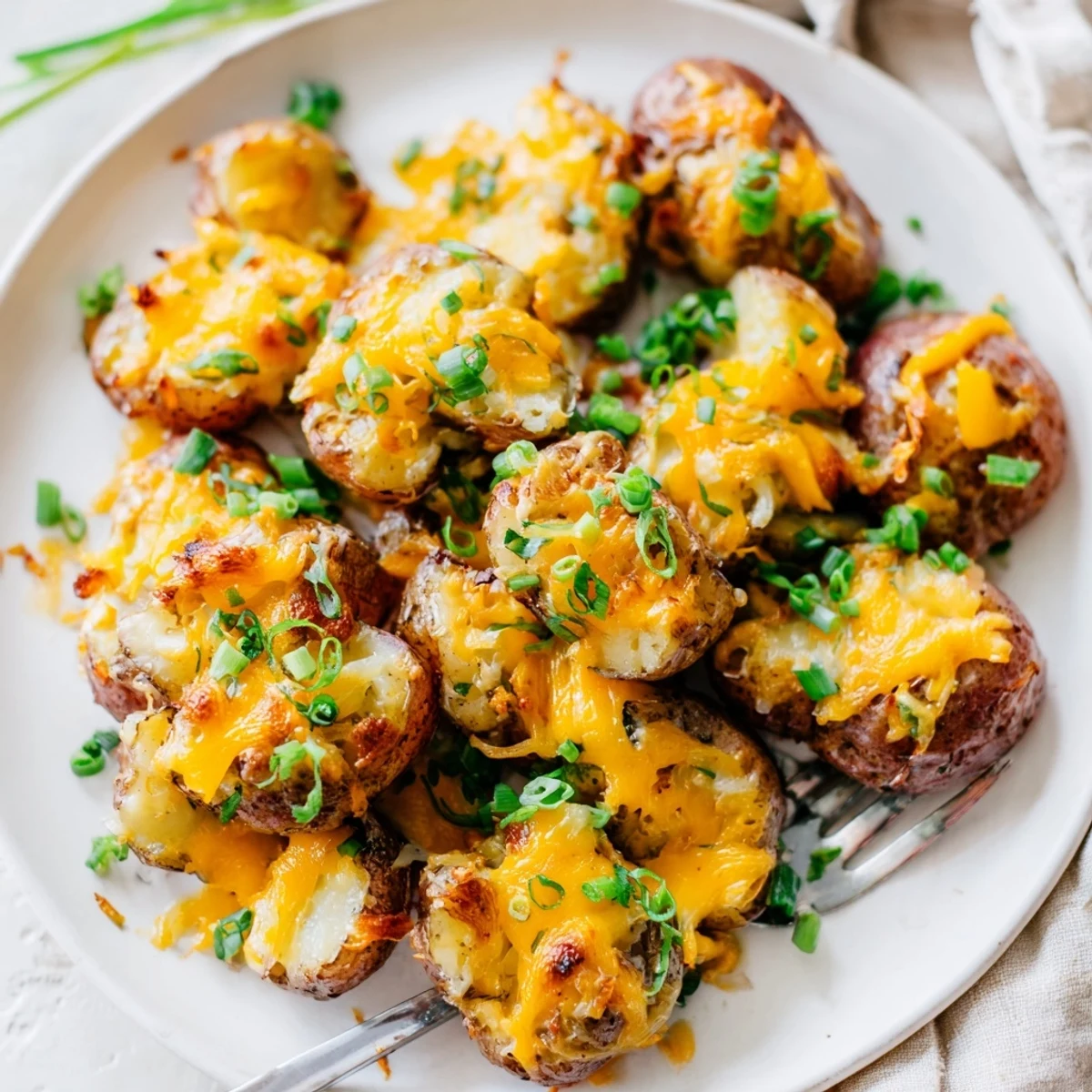 Crispy smashed green onion potato bombs topped with cheddar and herbs, golden bliss.  