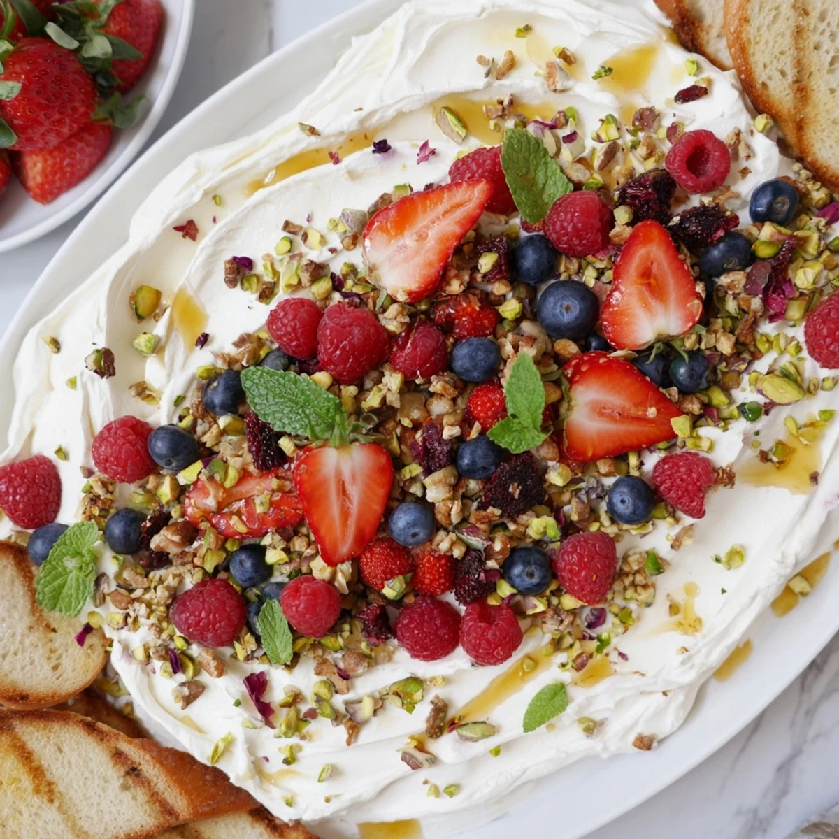 A colorful Butter Board Dessert Version topped with fresh berries and nuts.  