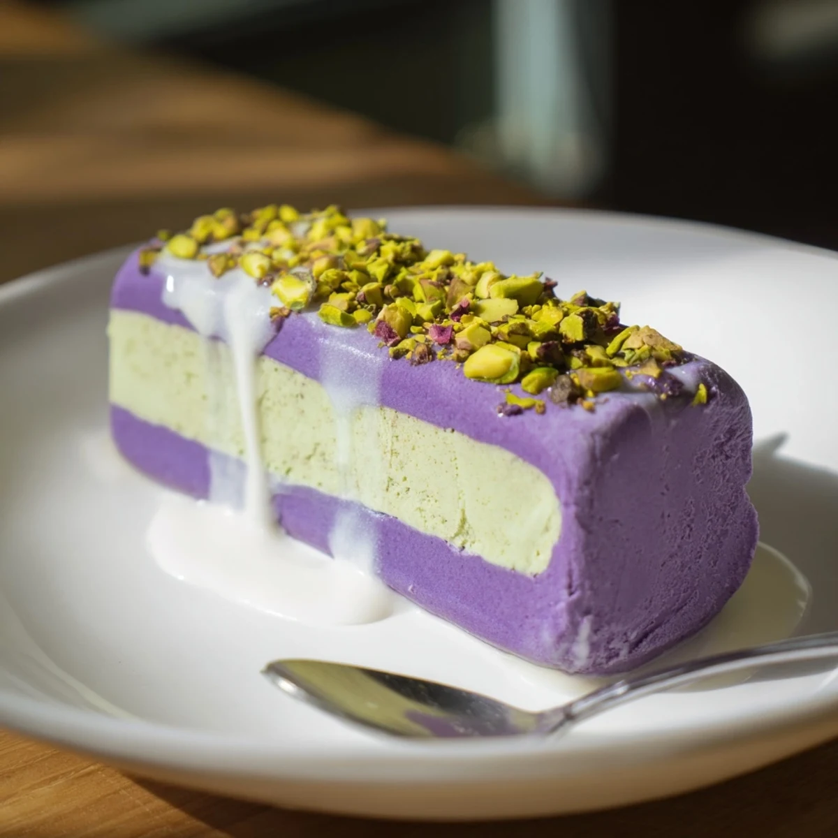 Chilled ube-pistachio ice cream bars topped with crunchy pistachios for added flavor.