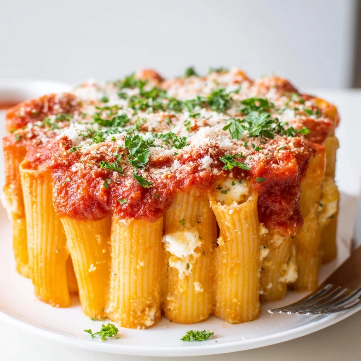 Delicious honeycomb pasta cake stuffed with creamy ricotta and rich tomato sauce.  