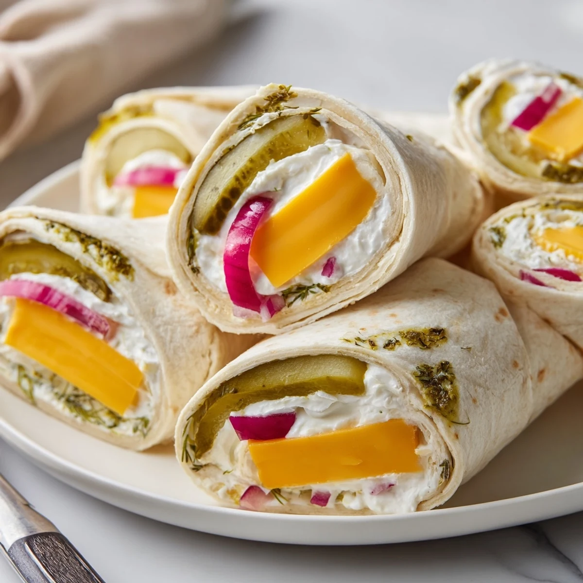 Tangy pickle-in-a-blanket bites wrapped in soft tortillas, ideal for a quick tasty treat.