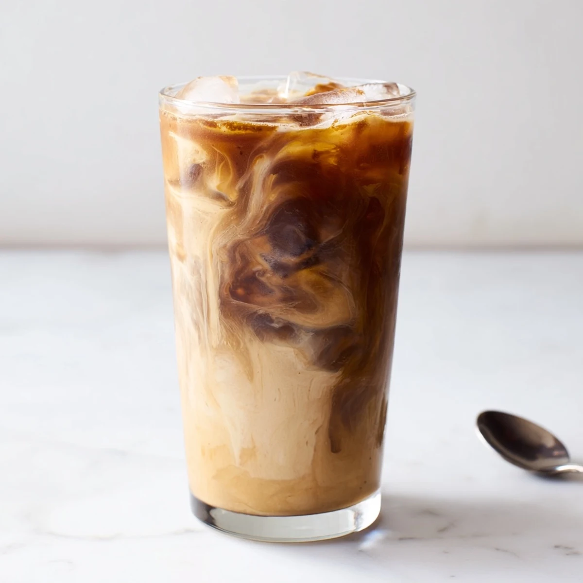 Chilled tahini iced coffee blending cold brew with sweet maple for a delicious sip.