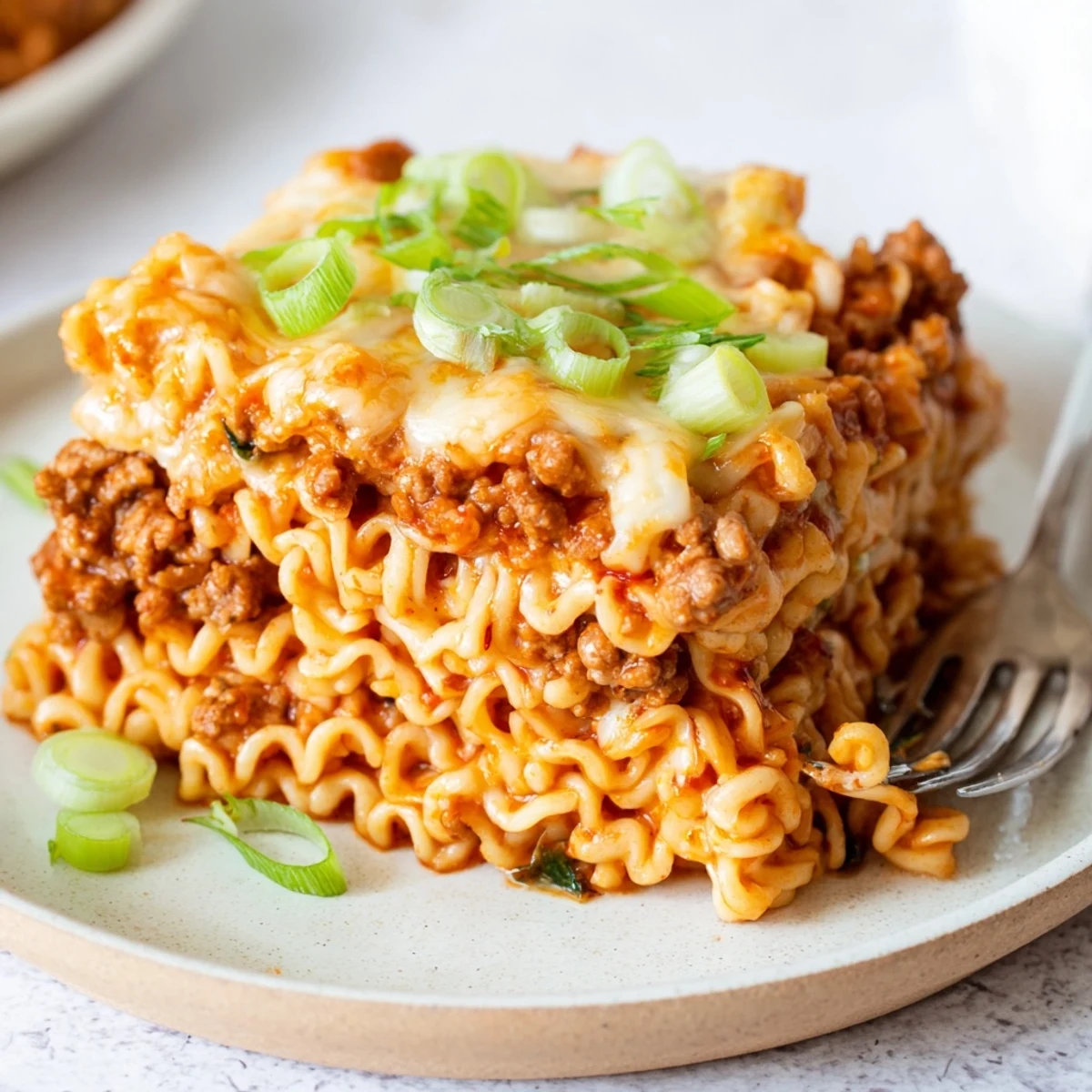 Spicy Ramen Lasagna topped with melting cheese and vibrant green onions, ready to serve.  