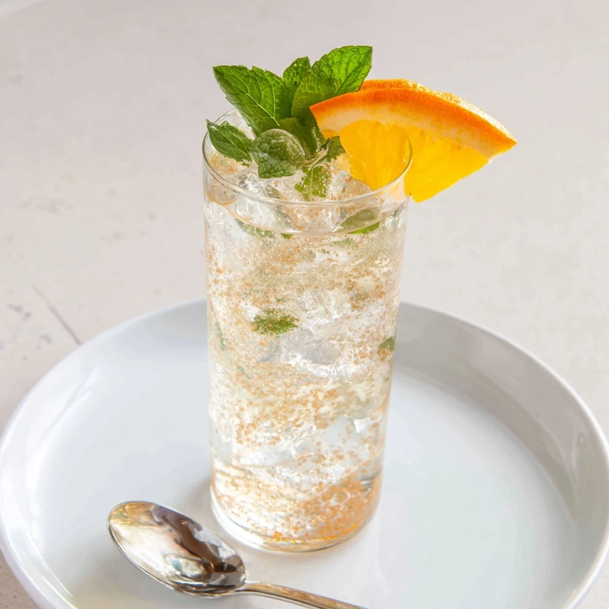 Effervescent probiotic soda mocktail garnished with orange slices and mint leaves, a delightful sip.  