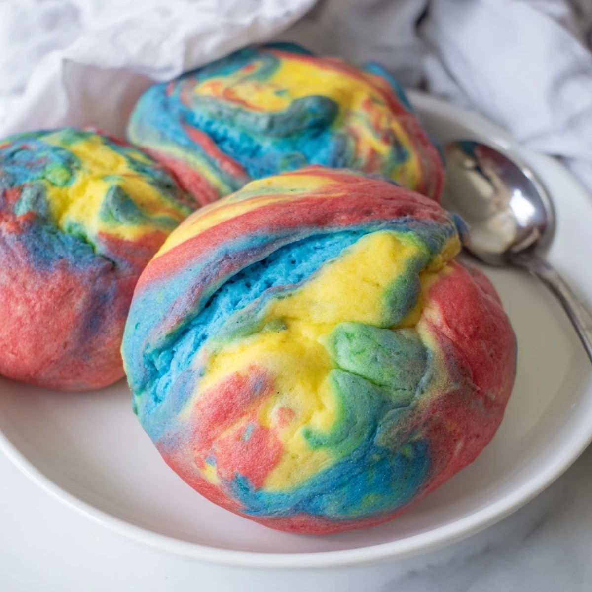 Fluffy cloud bread rainbow version, a colorful delight for breakfast or snacks.  