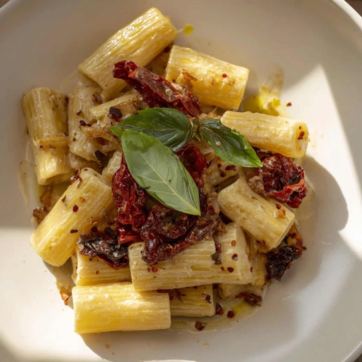 Creamy Baked Feta Pasta with caramelized onions and sun-dried tomatoes in a dish.  