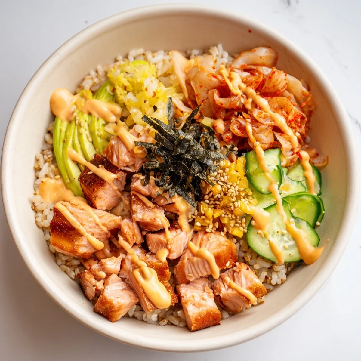 Flavorful crispy salmon rice bowl garnished with tangy kimchi and crunchy garlic.  