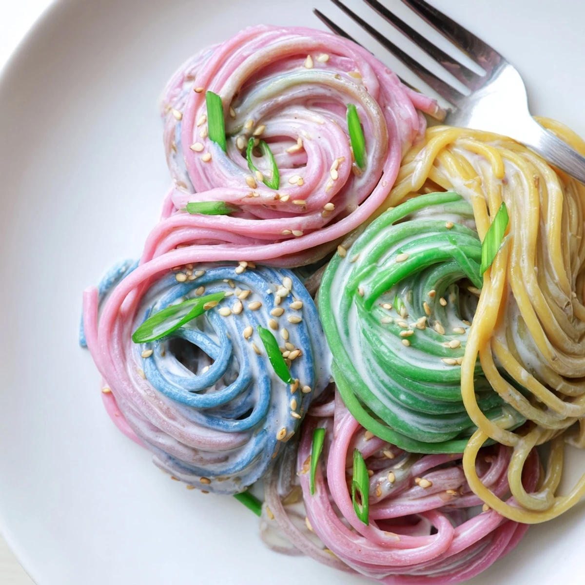 Colorful Neon Noodle Cloud served in creamy sauce, perfect for fun family dinners.  