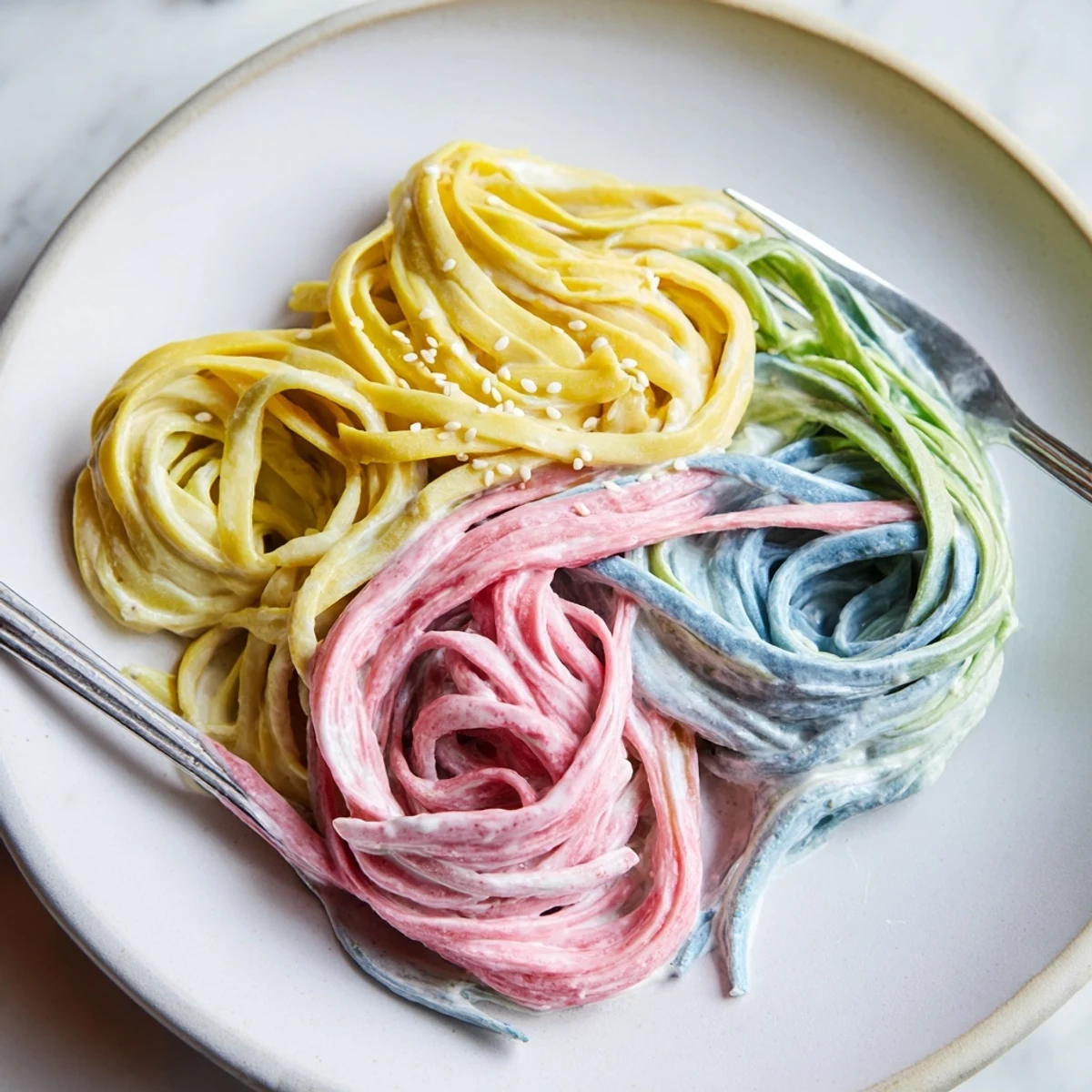 Vibrant Neon Noodle Cloud dish displaying distinct colors, garnished with edible flowers.  