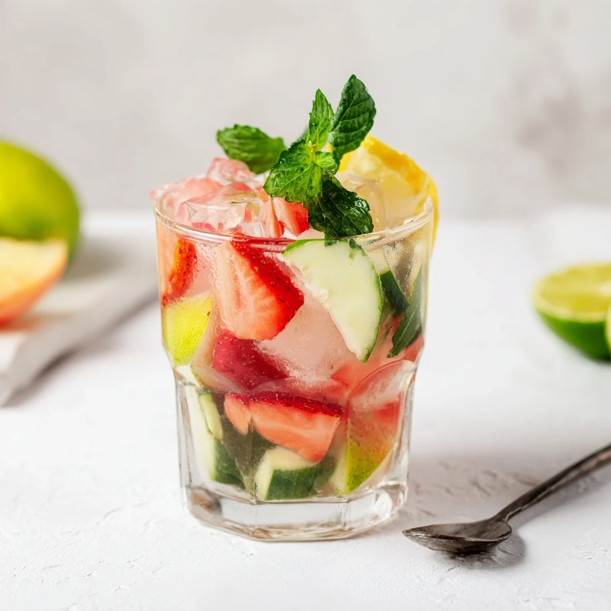 Colorful chilled mocktails featuring strawberry syrup and fresh citrus slices in glasses.  