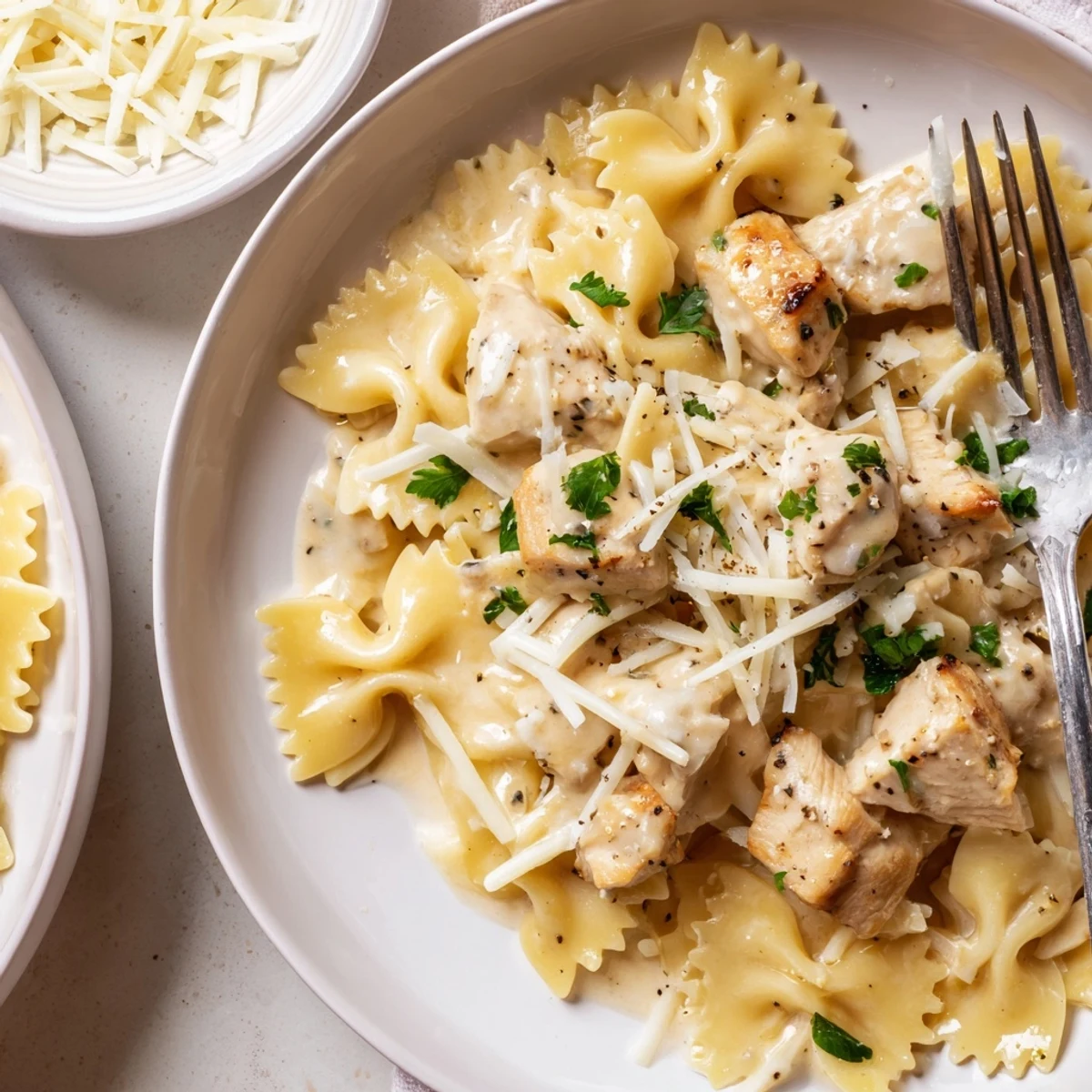 Tender Mozzarella Garlic Butter Chicken Bowties served with fresh parsley garnish.  