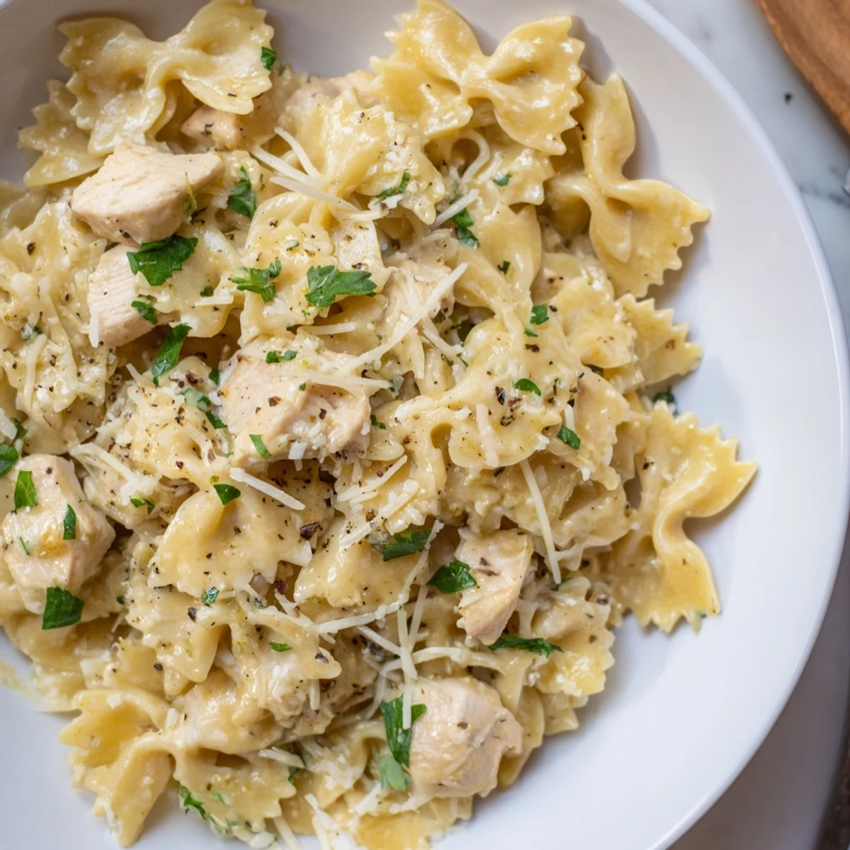 Golden chicken and bowties in rich mozzarella garlic butter for comforting flavors.