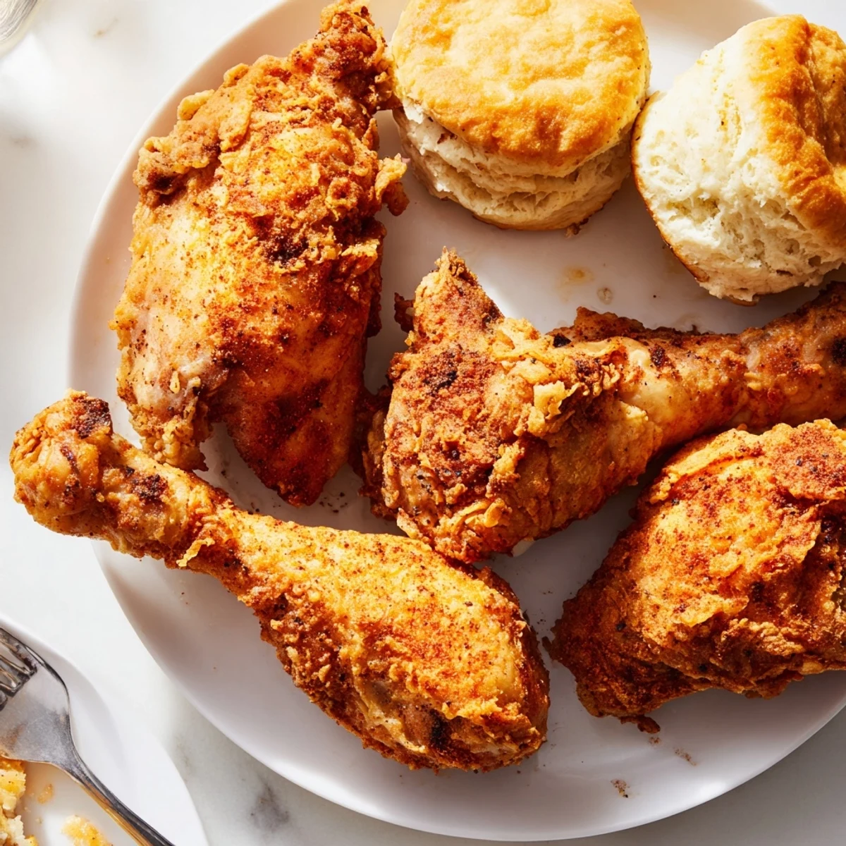 Crispy Southern fried chicken served alongside fluffy buttermilk biscuits, perfect for gatherings.  
