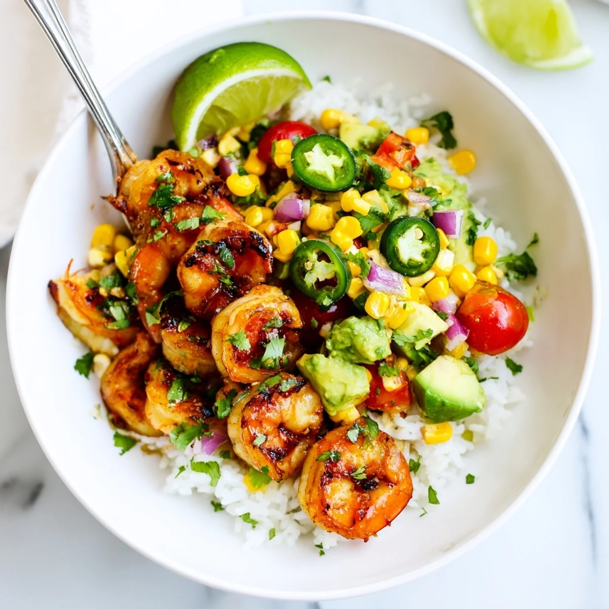 Juicy grilled shrimp bowl topped with creamy avocado corn salsa and zesty lime.  