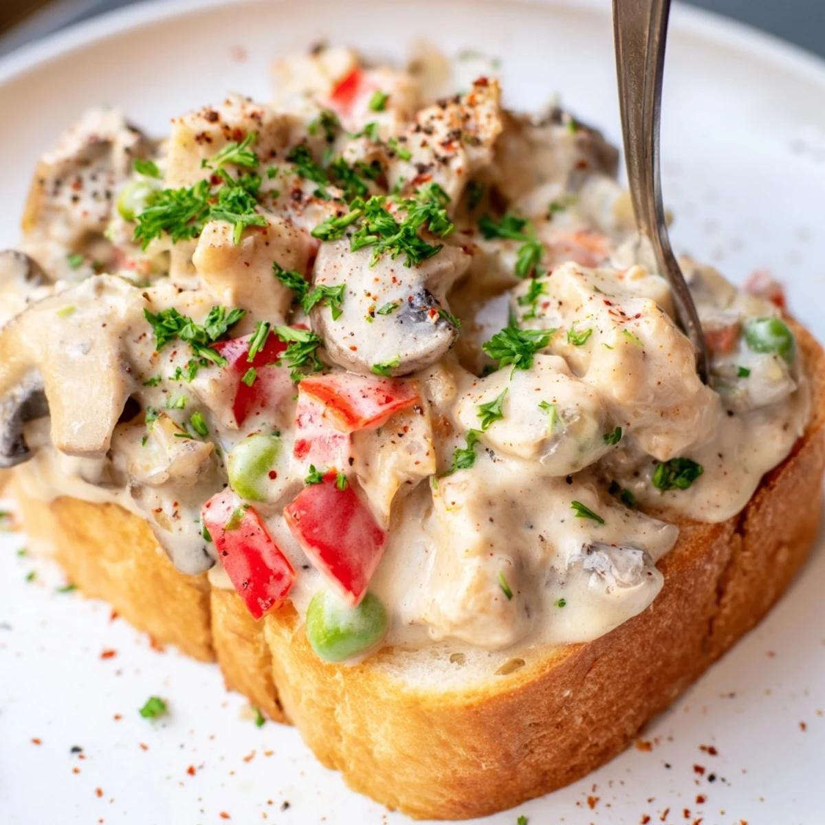 Creamy chicken à la king served over buttered toast for a comforting dinner.  