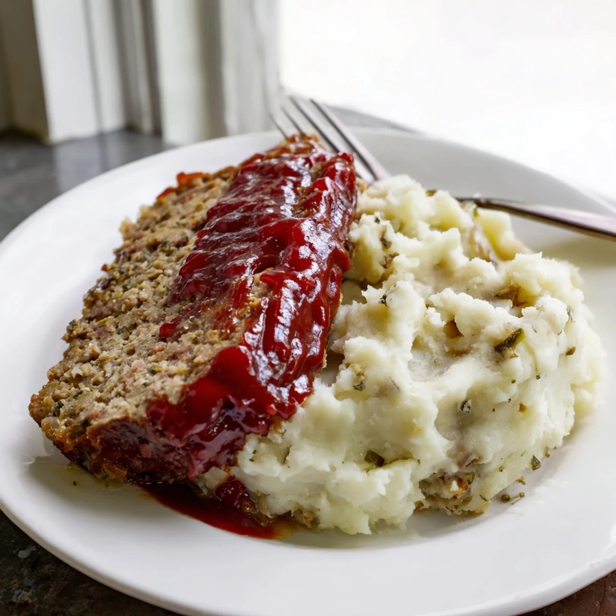 Classic meatloaf served with fluffy mashed potatoes and rich glaze, perfect for dinner.  