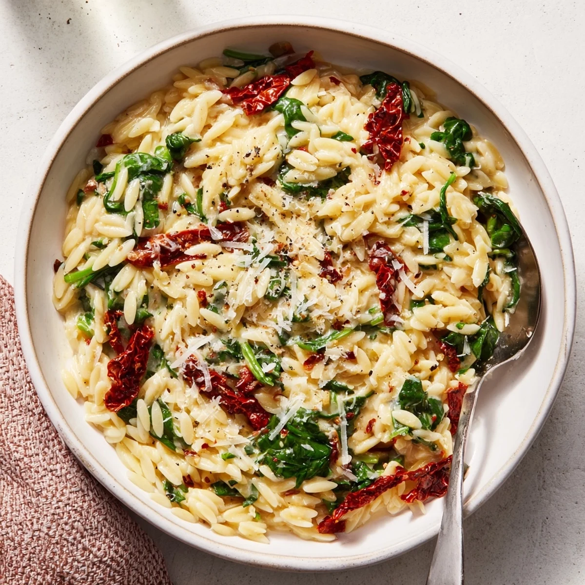 Rich, savory creamy Tuscan orzo bowl topped with Parmesan and herbs.  