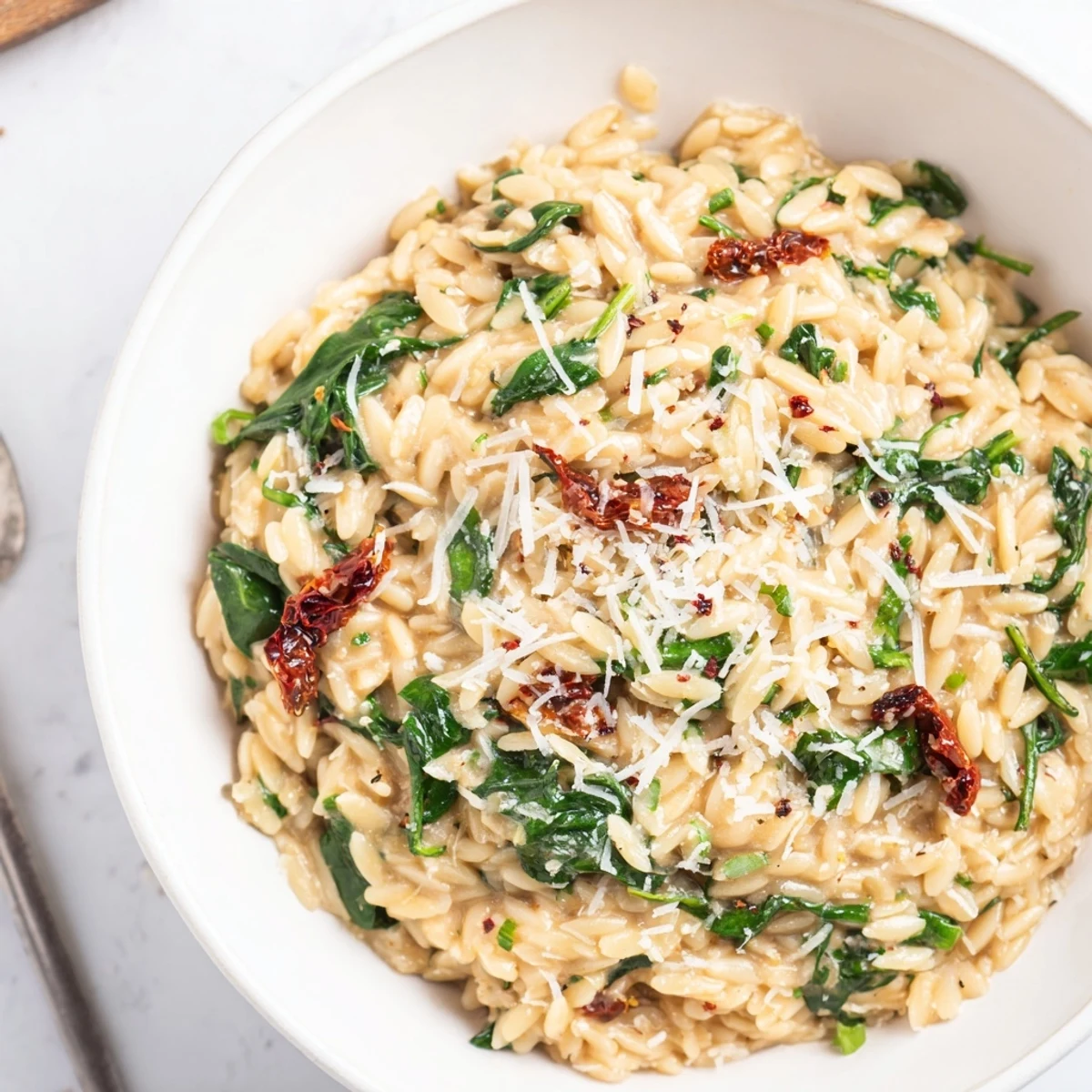 Delicious creamy Tuscan orzo bowl, perfect for a comforting vegetarian dinner.