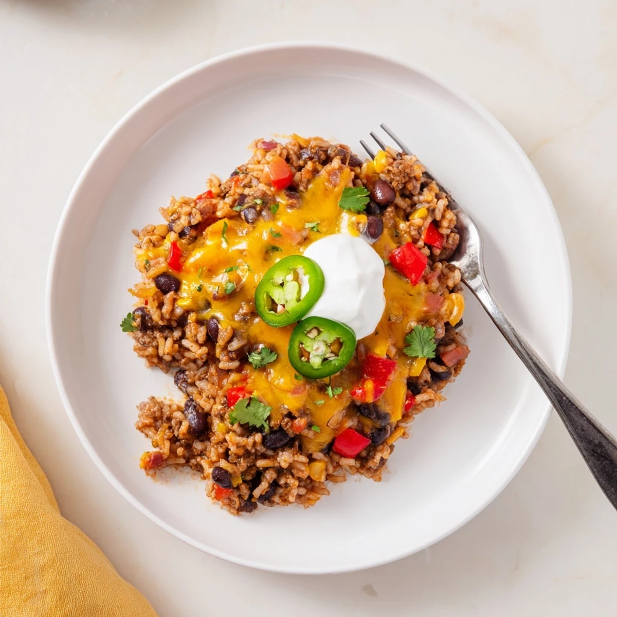 Delicious Tex-Mex Beef & Rice Casserole served warm, bursting with flavor and comfort.  