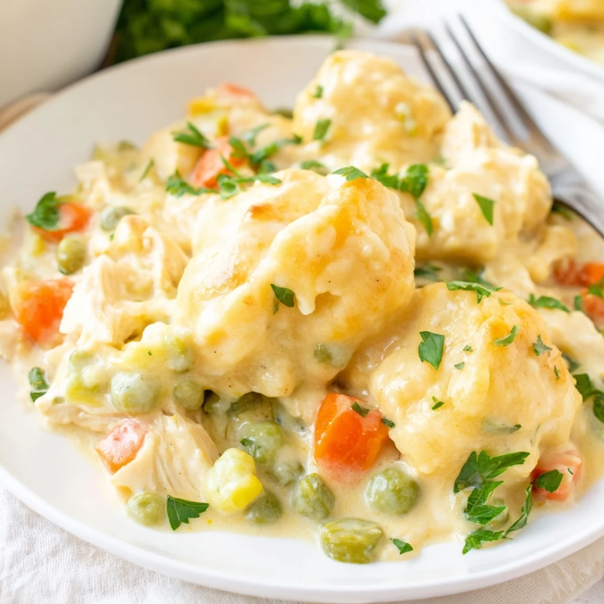 Hearty Chicken and Dumplings Casserole featuring tender chicken and vibrant vegetables.