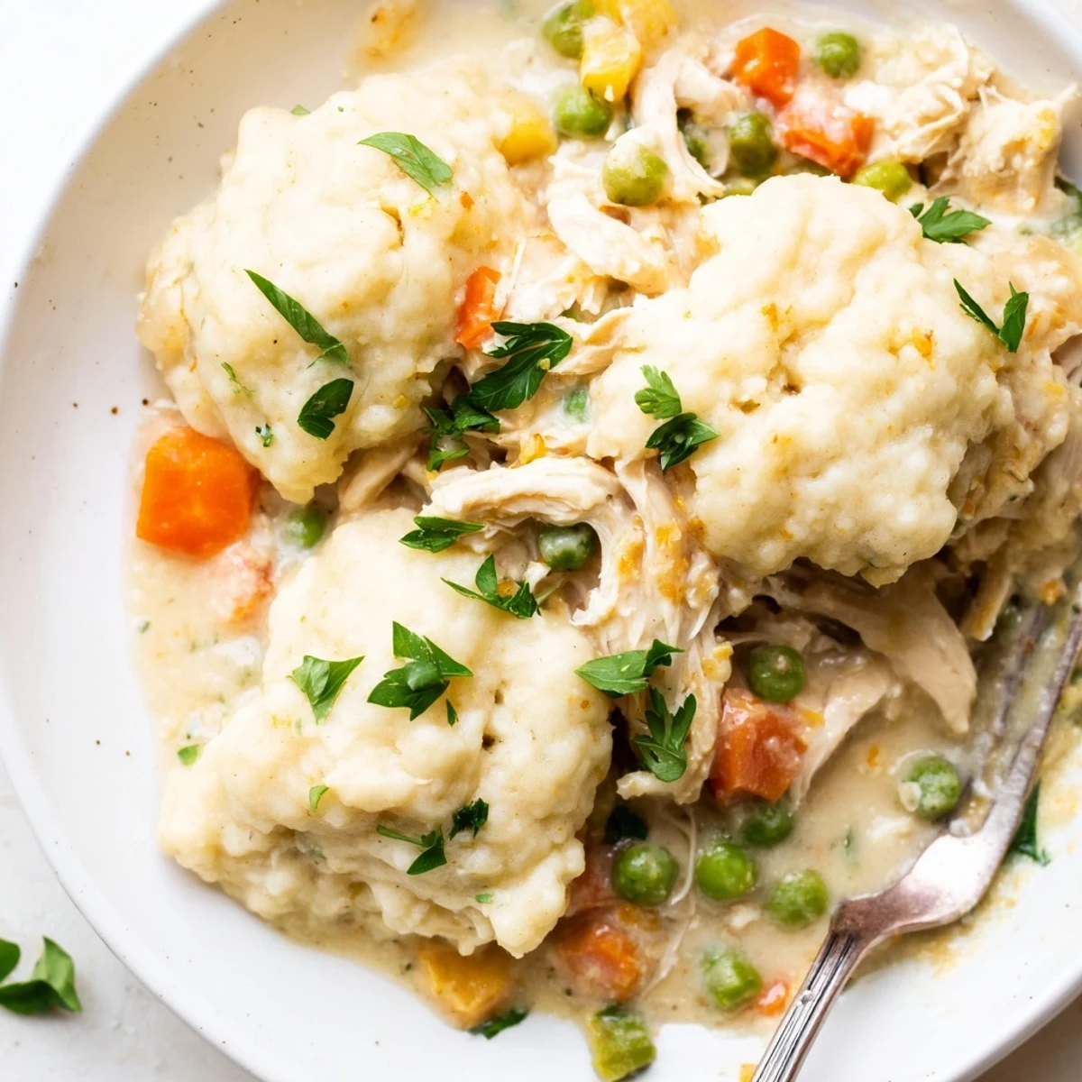 A comforting Chicken and Dumplings Casserole with golden dumplings and creamy sauce.  