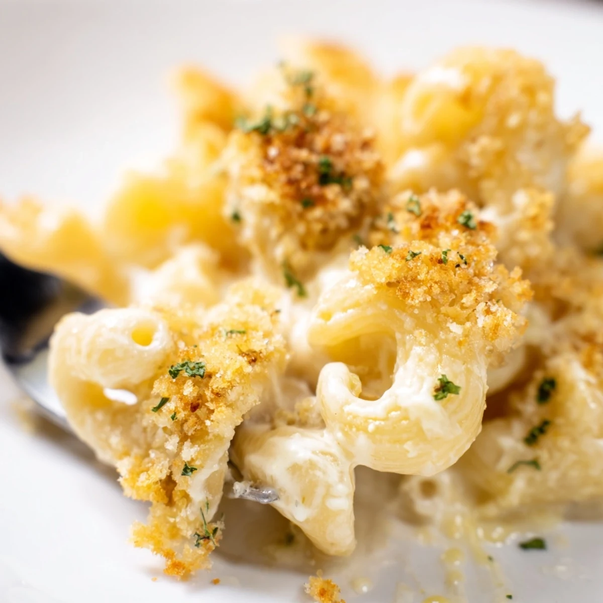 Indulgent truffle macaroni and cheese topped with crispy panko and fresh parsley.  